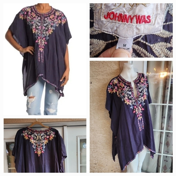 Johnny Was Tops - JOHNNY WAS  Poncho Blue Bohemian Flowy Embroidered‎ Top